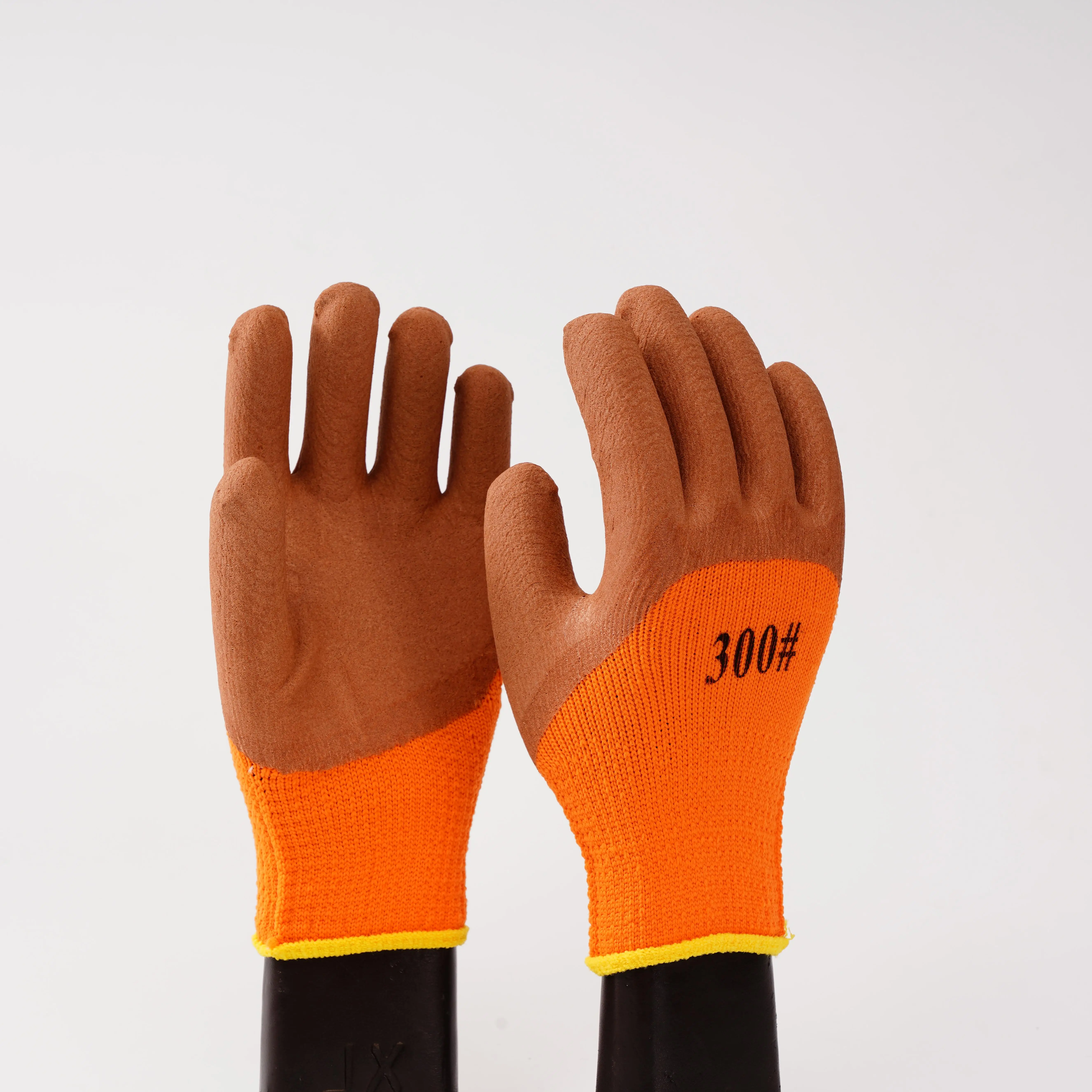 300# warm latex coated gloves polyester terry brushed liner natural latex foam palm dipping latex work gloves