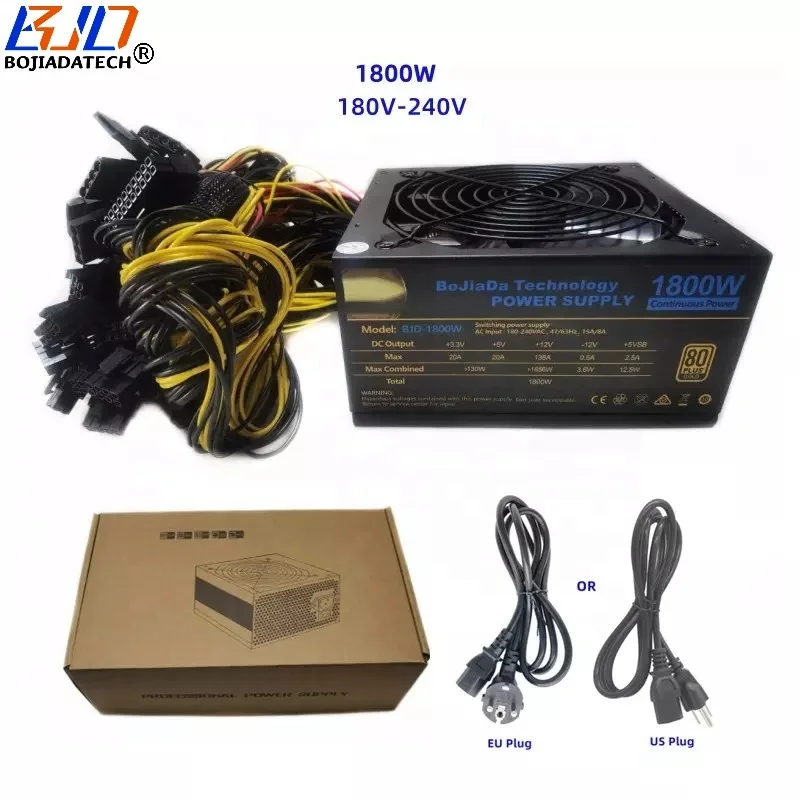 1800W Desktop Switching Power Supply ATX 24Pin PSU 180~264Vac Quiet Fan 95% Efficiency Supports 8 Graphics Video Card GPUs