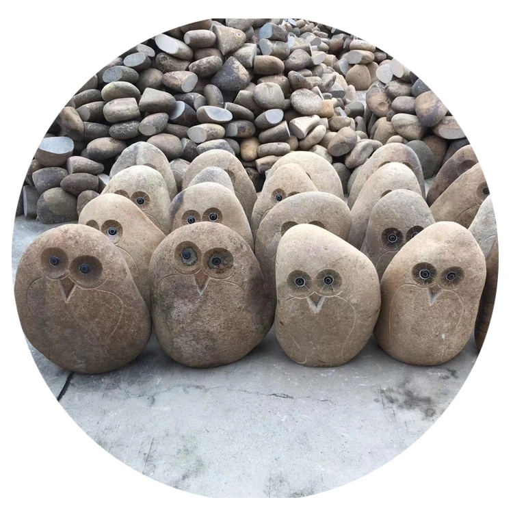 Outdoor Garden Decoration Natural River Pebble Cobble Stone Animal Carving Small Owls Statue Bird Sculpture