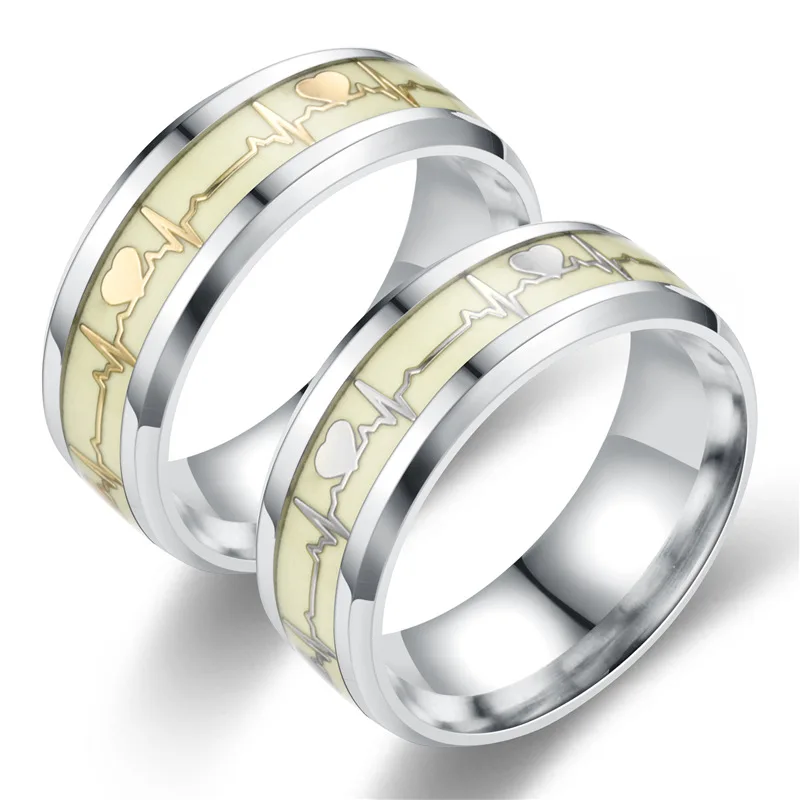 Carbon Fiber Luminous ECG Ring Stainless Steel Promise Heartbeat Glowing Ring for Men Women