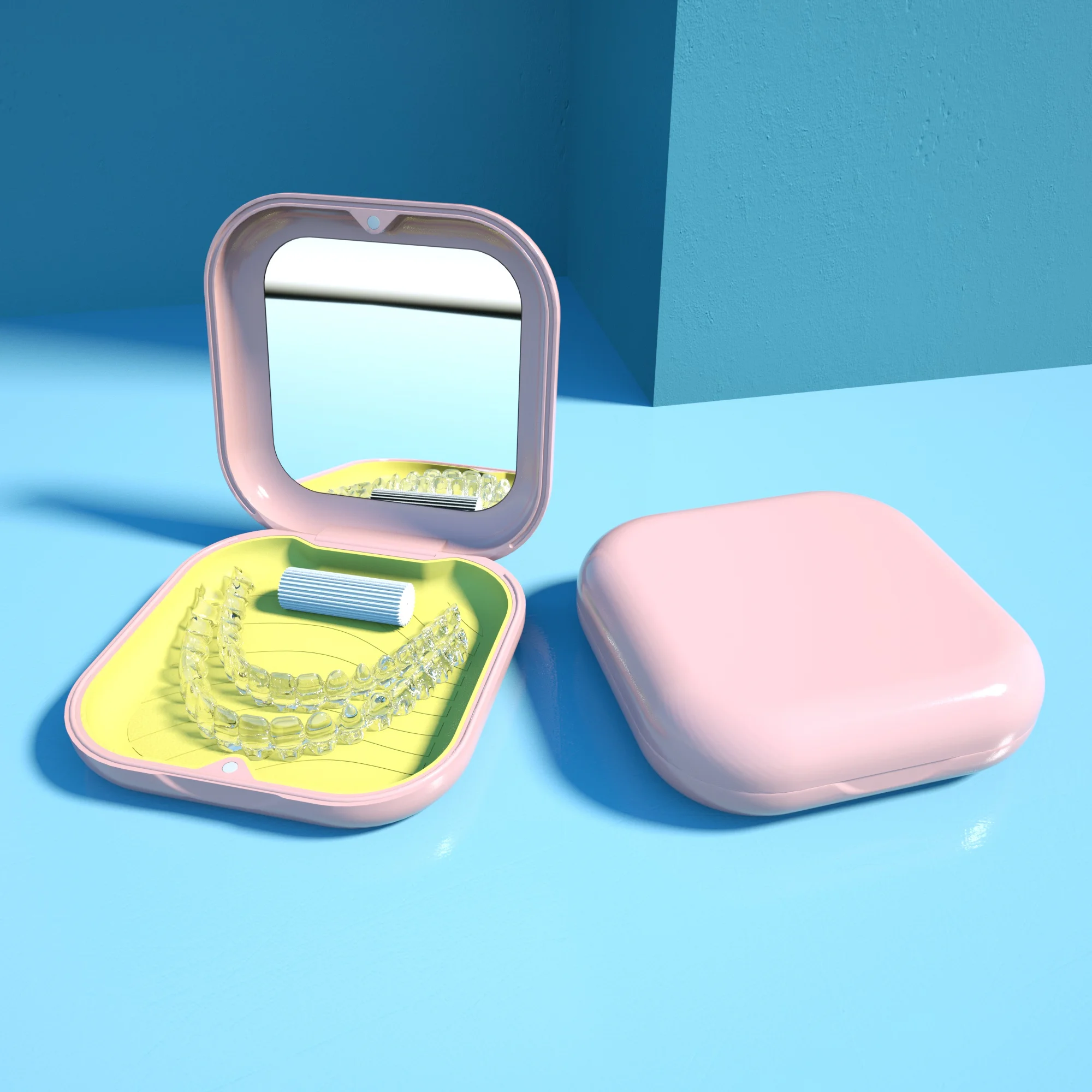 Custom Logo Small Aligner Orthodontic Retainer Case ABS Denture Storage Case with Mirror
