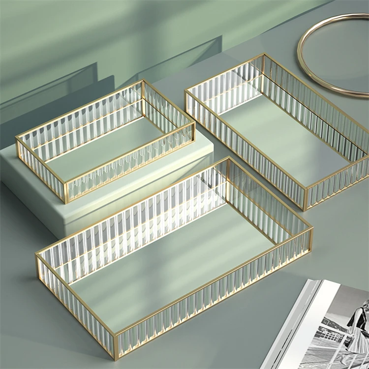 Transparent Striped Glass Serving Decorative Mirror Tray Modern Metal Brass Cosmetic Organizer Tray Wholesale