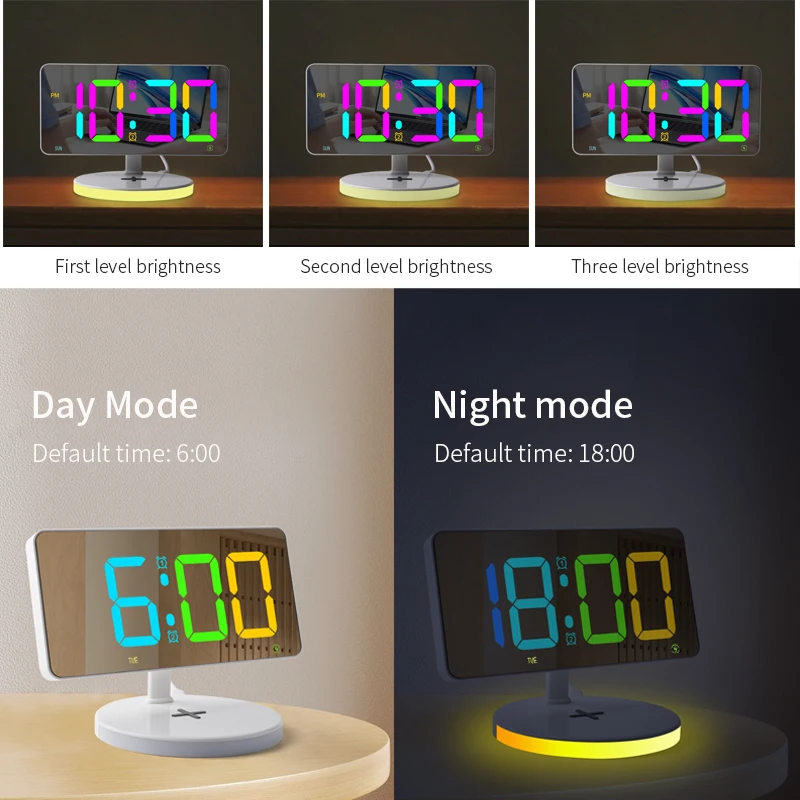 Digital Alarm Clock with Wireless Charging Suitable for Mirrored LED Clock in Bedroom Decoration