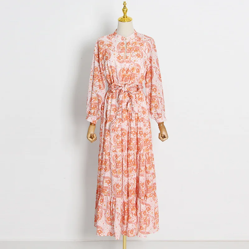 Ropa Para Dama 2022 Summer New French Retro Print Dress Long Skirt Puff Sleeve Long Sleeve High Waist Strappy Dress