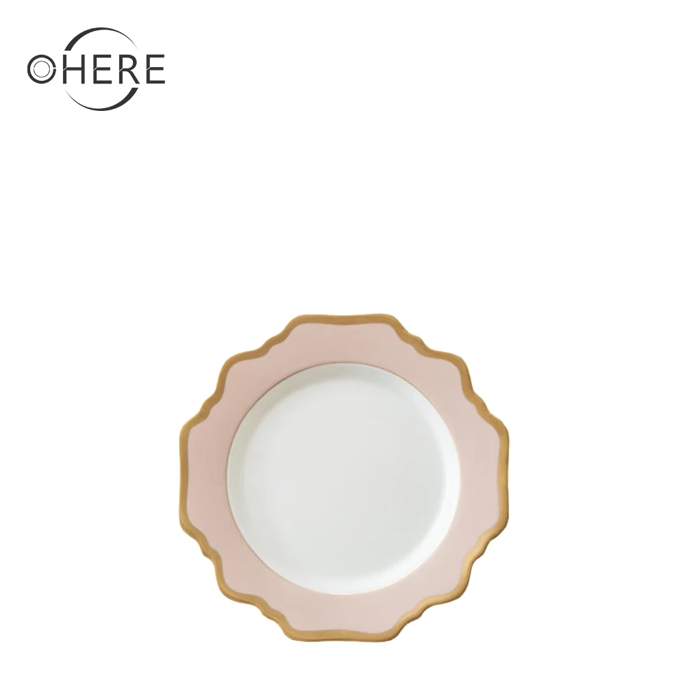 Ohere luxury ceramics tableware sets pink sunflower elegant modern porcelain dinner plate sets pink porcelain dinner plate sets