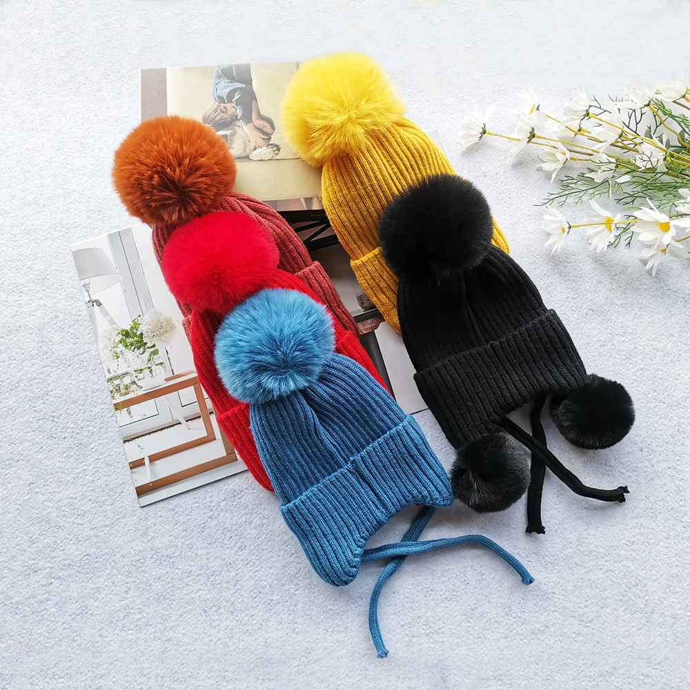 Cute Pom Pom Baby Hat Customized Pattern Children Wool Beanie Caps Ear Flap Toddler Crochet Winter Hats With Drawstring