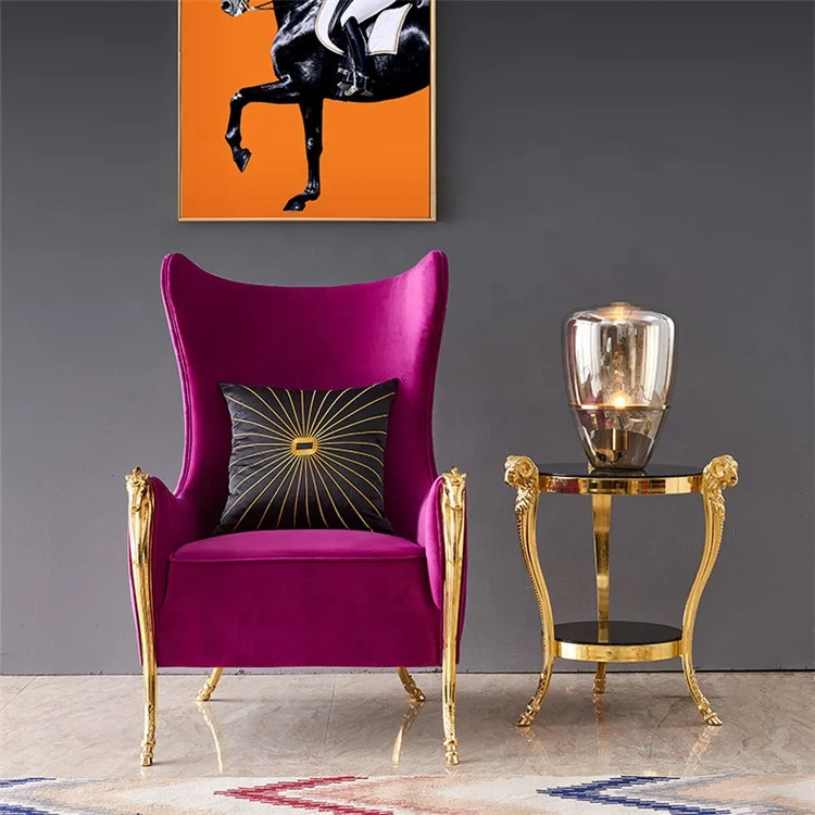 Noble Design Single Sofa Chair Rams Head Decor Pure Copper High Back Chrome Gold Finish Genuine Leather Wood Home Furniture