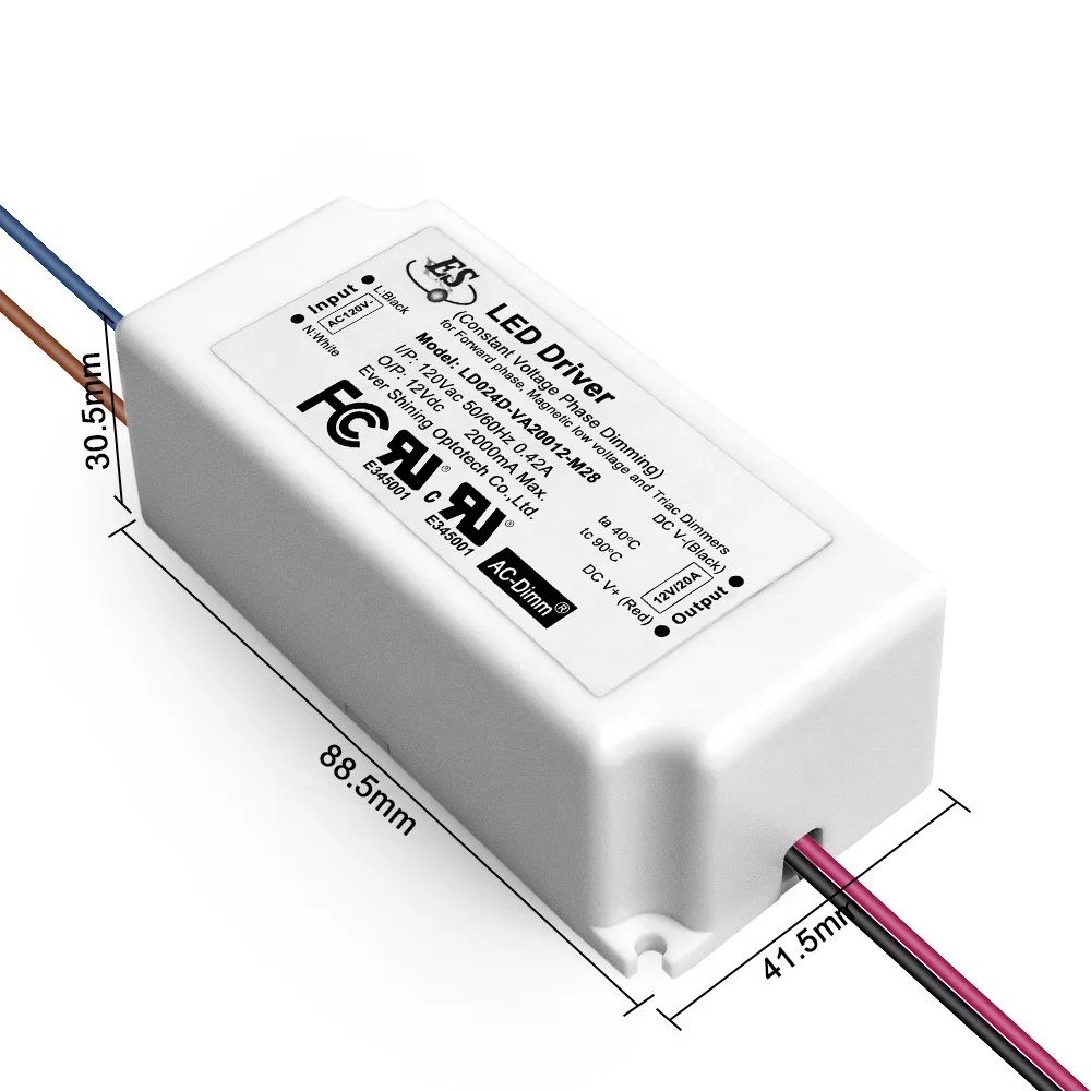 Es Ul Cul 120V Ac 12V 24V Dc 1A 2A 24W Constant Voltage Leading Edge  Triac ELV Dimming Led Driver