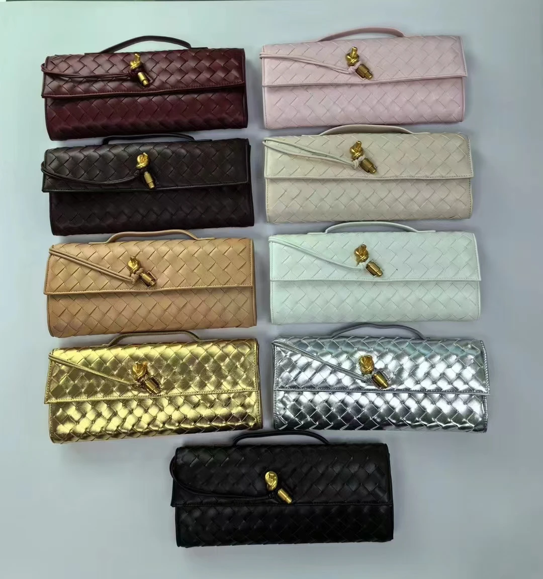 famous design braided long hand clutch bags for women fashion sling shoulder bag with long strap from Guangzhou lock woven bag