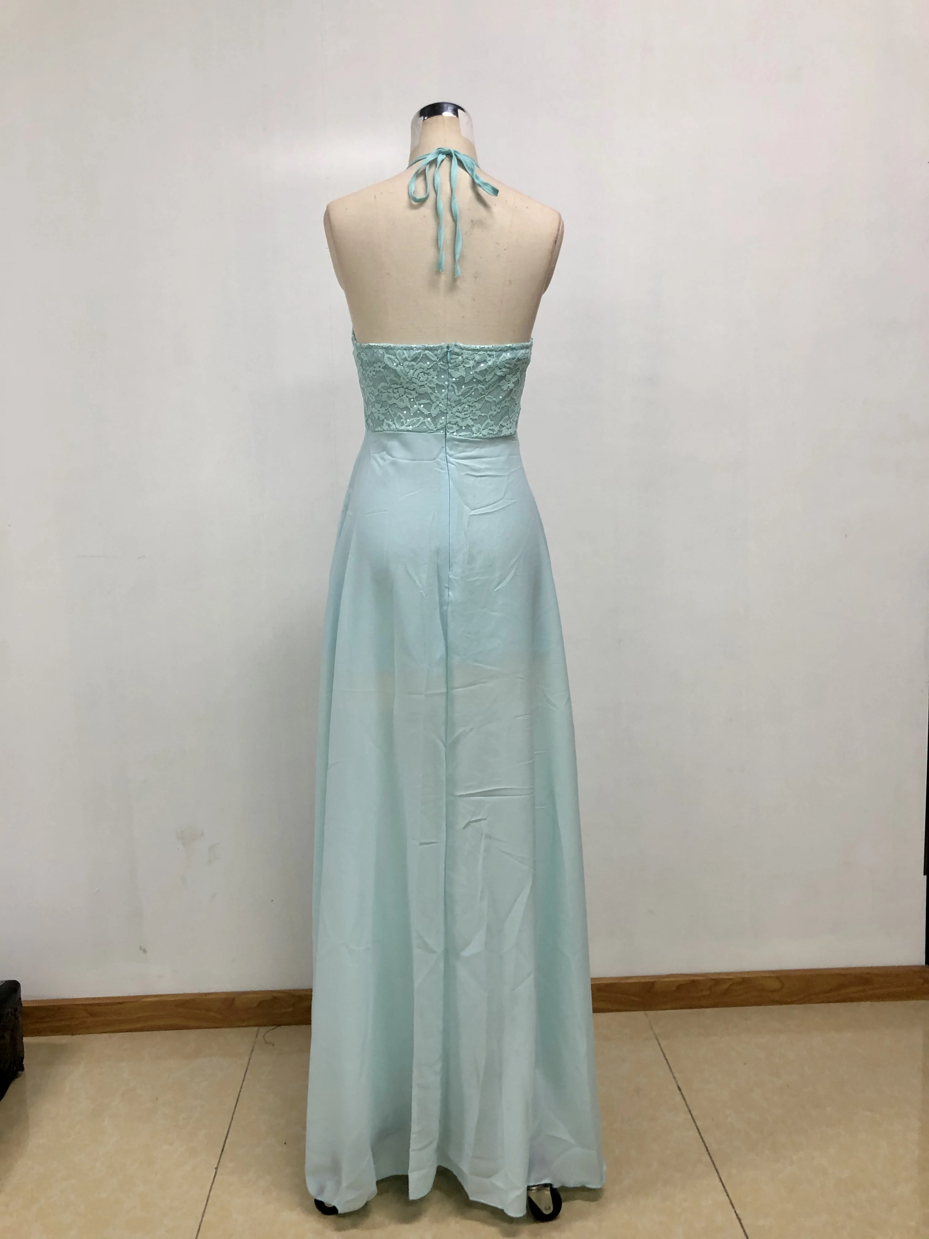 long prom dress applique halter sleeveless split chiffon girls bridesmaid dresses Slit Long Dress