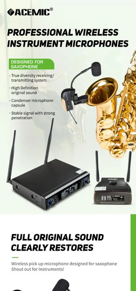 Professional dual channel wind instrument saxophone wireless microphone system