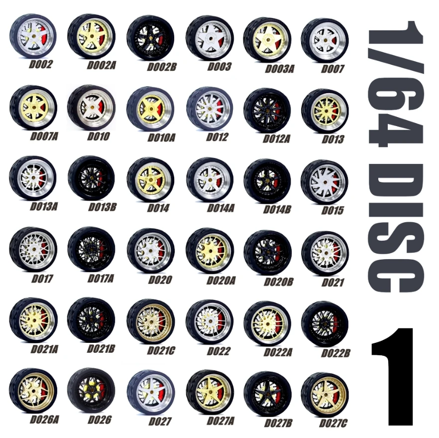 Carlomo 1/64 Scale Alloy Wheels with Brake Disc and Rubber Tires with Axles (4pcs/1 Kit) for Professional Modified Diecast