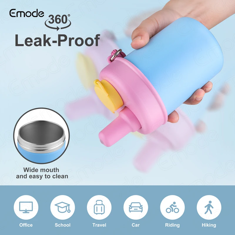 Emode 12oz Stainless Steel Double Wall Insulated Travel Coffee Cup Mug with Straw,Kids Insulated Tumbler with Spill-proof Straw