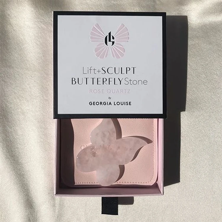 
custom black bule luxury gift natural jade roller face tool butterfly spacial shape gua sha set packing paper boxes for package 