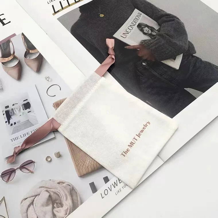 Wholesale Customized Logo Cotton Jewelry Bag Travel Pears and Jewels Pouch  Small Drawstring Bags