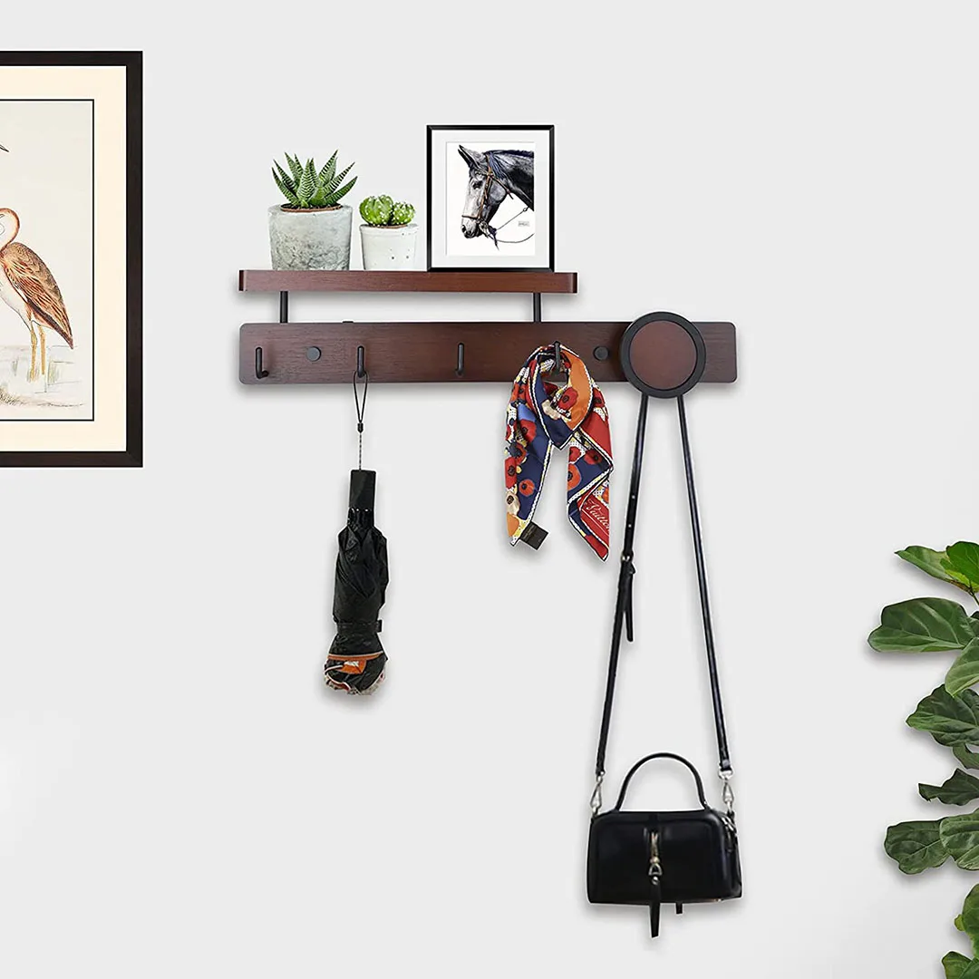 Hot selling Rustic Bamboo Floating Shelves Entrance Coat Rack with Shelf and 5 Hooks beauty supply store shelf