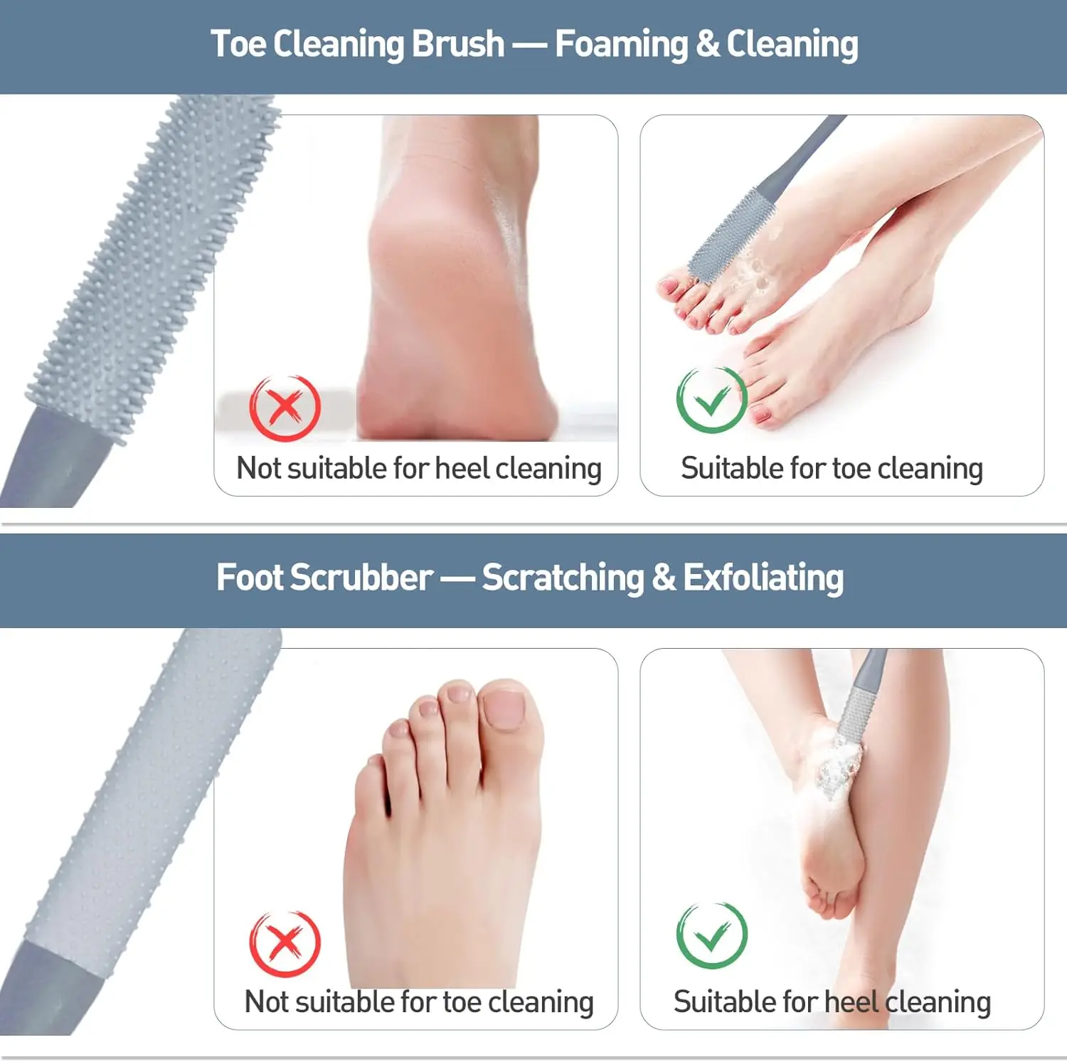 Toe Gap Cleaning Brush Long Handled Silicone Toe Crevice Cleaning Brush & Exfoliating Brush Foot Scrubber in Shower