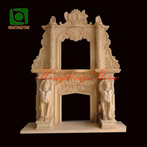 Home Decoration Hand Carved Freestanding Beige Marble Fireplace Mantel With Lion Statue