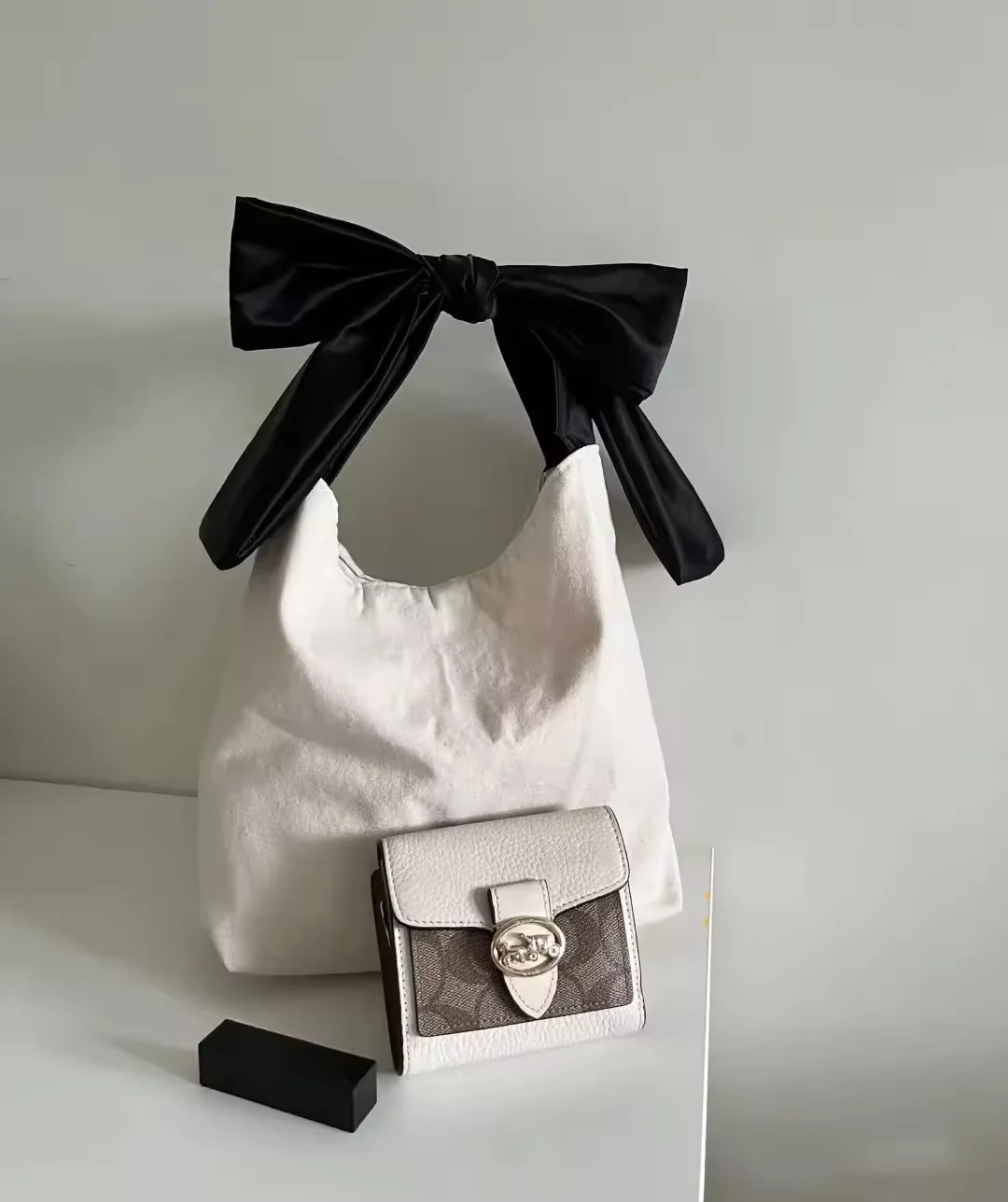 Custom logo female elegant canvas cotton drawstring shopping tote bag with satin silk ribbon bow