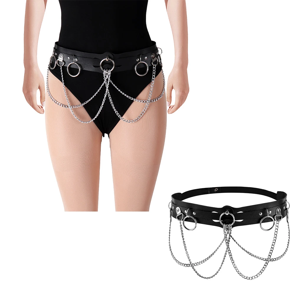 Женский кожаный ремень с цепочкой, черный ремень в готическом стиле