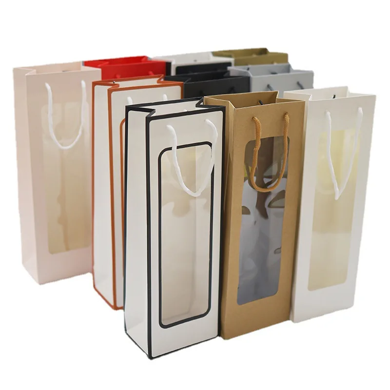 Wholesale Custom Logo Design Printing Hand-held Wine Gift Packaging Bag Wtih PVC Window Paper Kraft Wine Bags For Wine Bottles