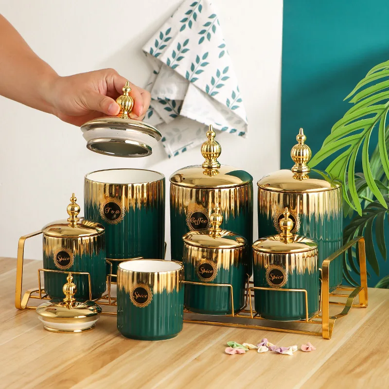 Spicy Pot Set Rack Condiment Pot Set BIYOU and Gold Hot Selling Middle East Arabic Style Ceramic 7, for Family Kitchen Food