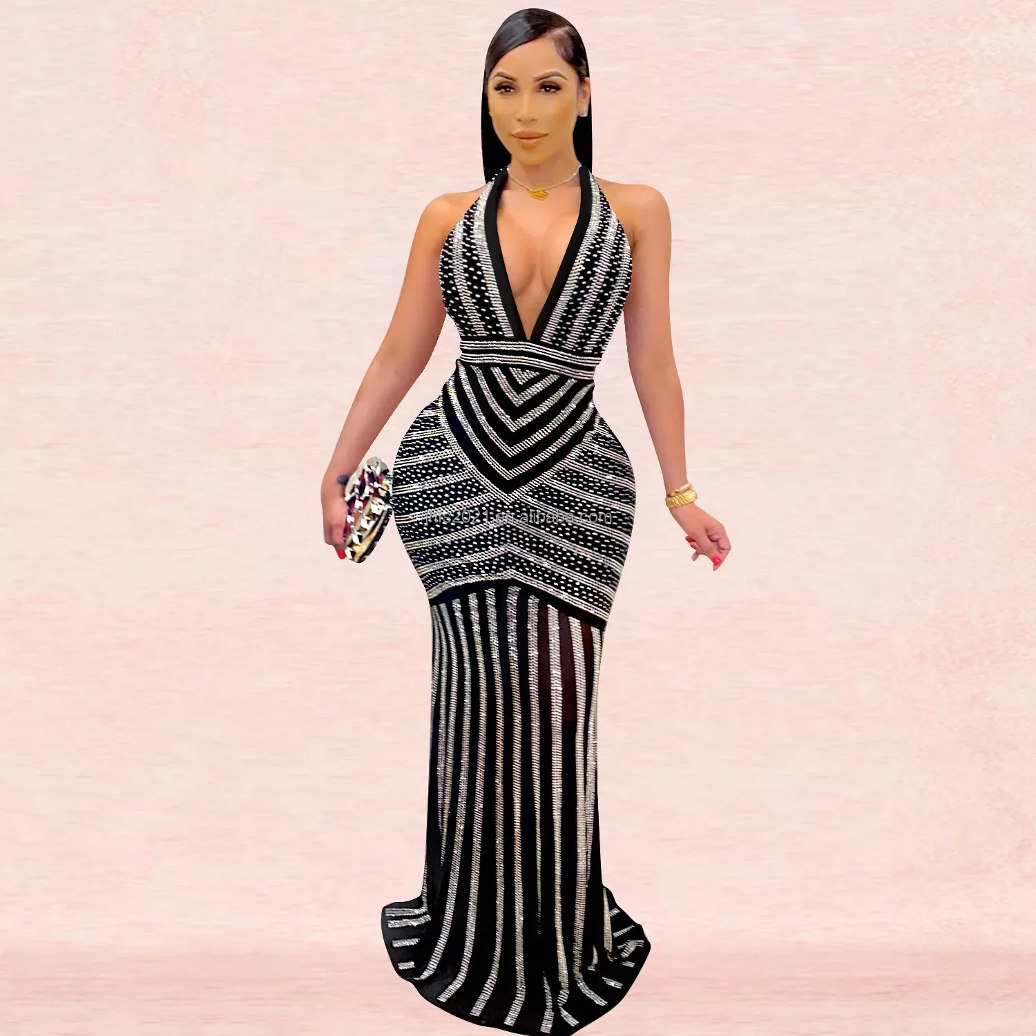 J&H Fashion New Shiny Sleeveless Deep V Neck Halter Backless Long Dress Prom Dresses Drill Party Wear Club Outfit