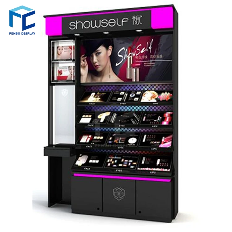 Unique glass cosmetic shop counter design, make up stand with lights