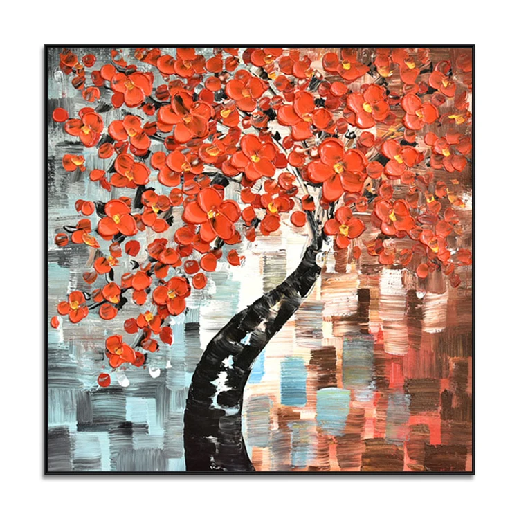 
Hand Made Knife Art Work Red Flower Canvas Oil Painting Abstract 3D Wall Art For Home Decor 