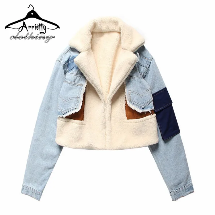 Women Denim padded Jacket warm winter Shearling Oversized Parkas lamb fur suede Jacket fur short coat jean Jacket with fur