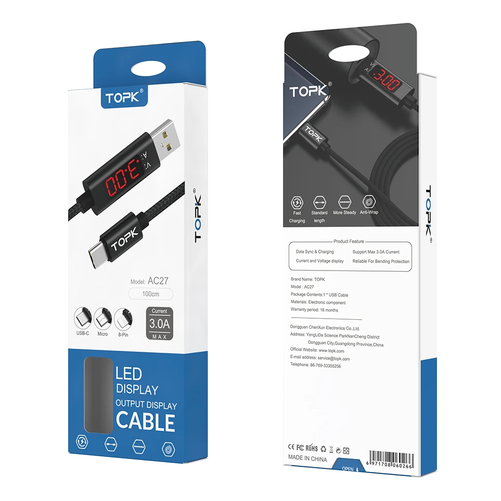 Бесплатная доставка TOPK AC27 1 м (3 3 фута) нейлоновый Плетеный ток дисплей USB Type C