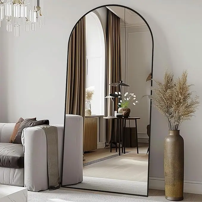 Custom Vintage Full-Length Floor Stand Rectangle Arch Wall Mirror Golden Aluminum Rustic Hanging Dressing Display Silver Artwork