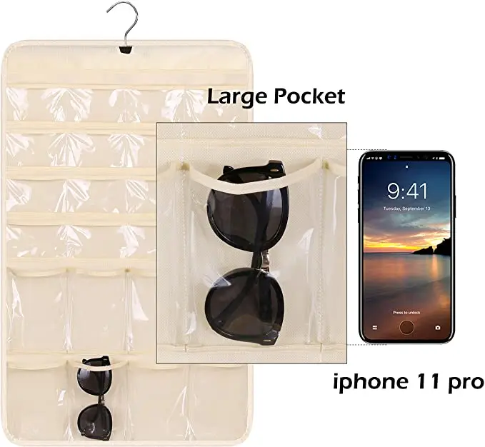 Hanging Jewelry Organizer Sunglasses Holder Hanger with 16 Large Pockets for Earring Necklace Bracelet Closet