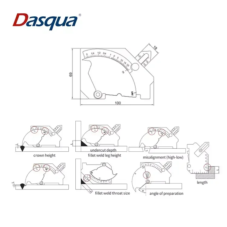 Dasqua Stainless Steel  Bridge Cam Welding Gauge Fillet Weld Throat Gauge Weld Inspection Gauge Measuring Tool