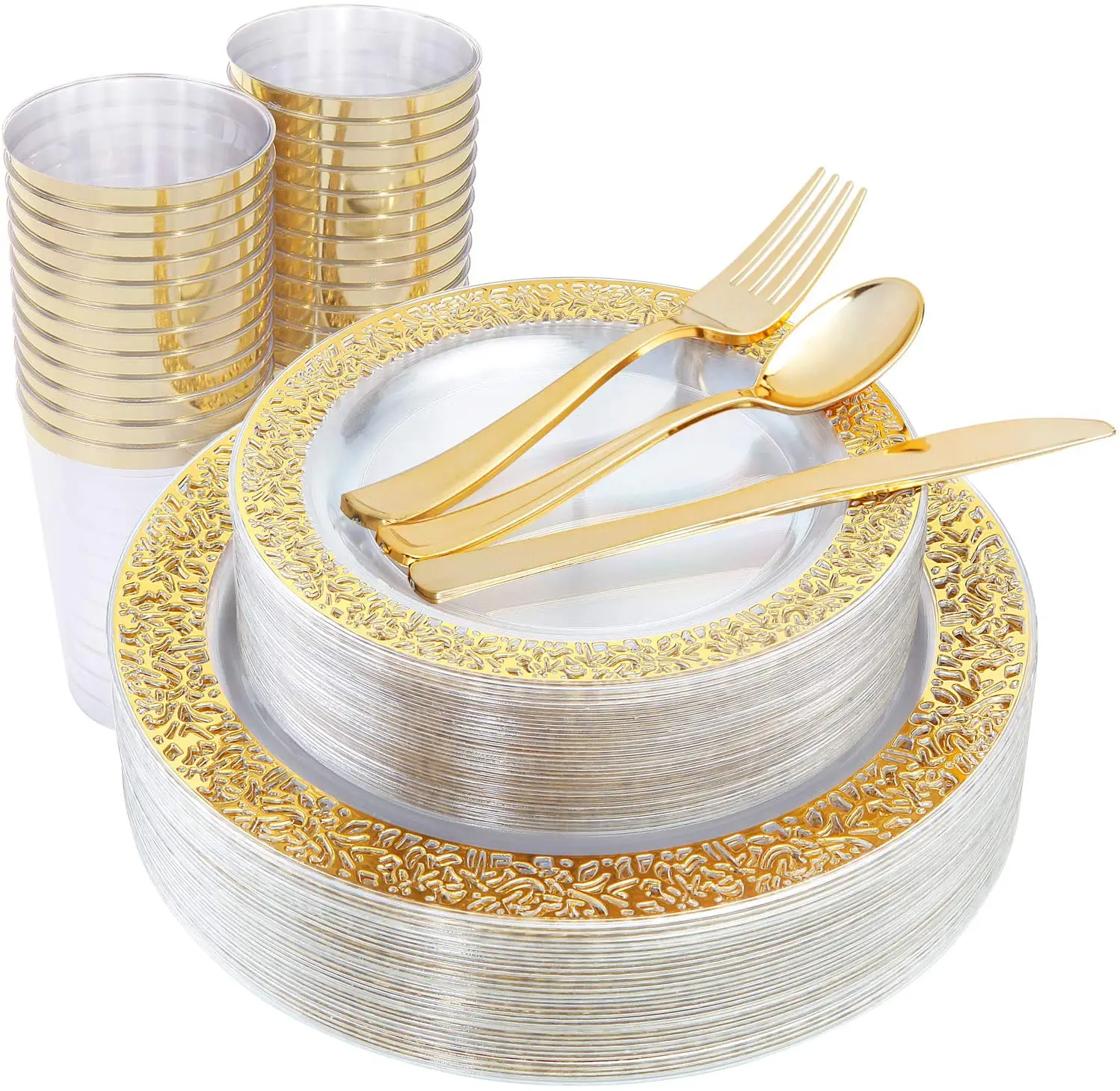 Gold Plastic Plates & Disposable Silverware & Gold Cups, Lace Design Dinnerware