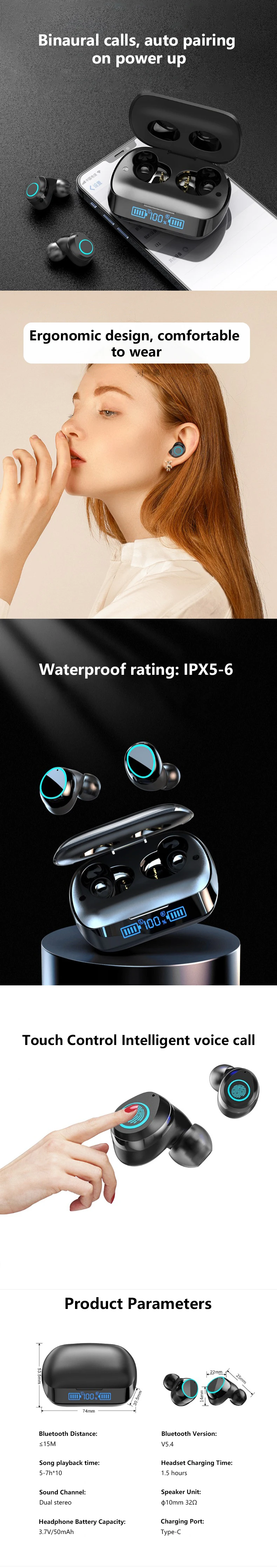 2024 NEW TWS Wireless Smart Headset, BT 5.3, Waterproof In-Ear Headphones with Digital Display for Gaming, Traveling, Sporting