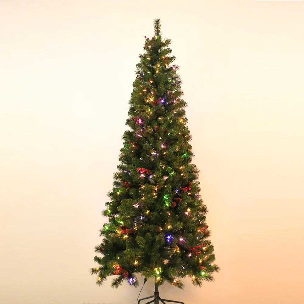 New Model Party Christmas Decorations 6ft 7ft Pre-Lit PVC and Pine Needle Green Hinged Artificial Christmas Tree With Lights