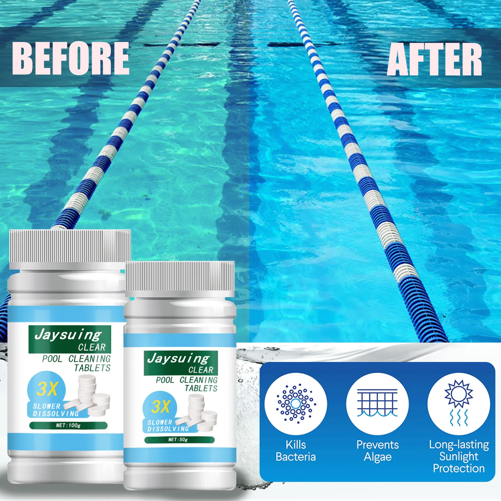 Jaysuing Swimming Pool Effervescent Tablets Multifunctional Pool Cleaning Stains Efficient Removal of Stains Tablet 50g/100g