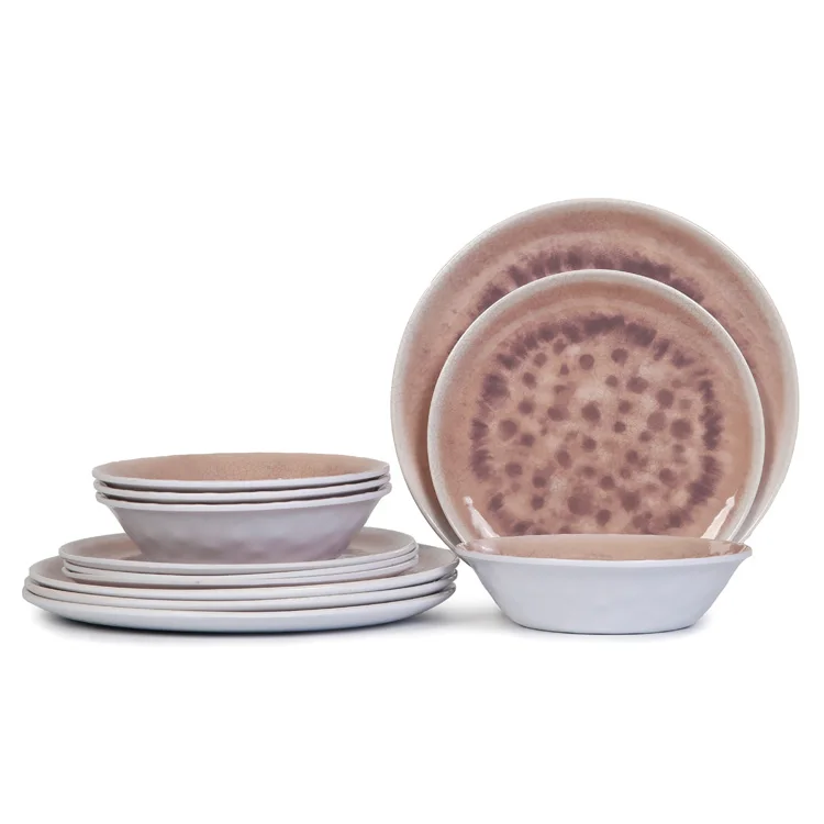 Bravo dinner ware classic plastic turkish dinnerware set, set of 4 melamine pasta salad pink white dining ware