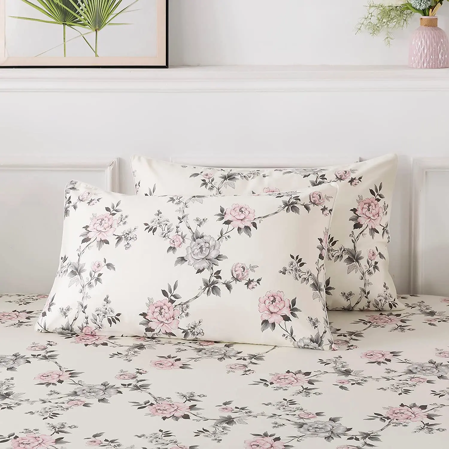 Egyptian Cotton Bedding Sets Luxury Bed Sheets Rose Floral Bedding Shabby Grey and Pink Peony Printed