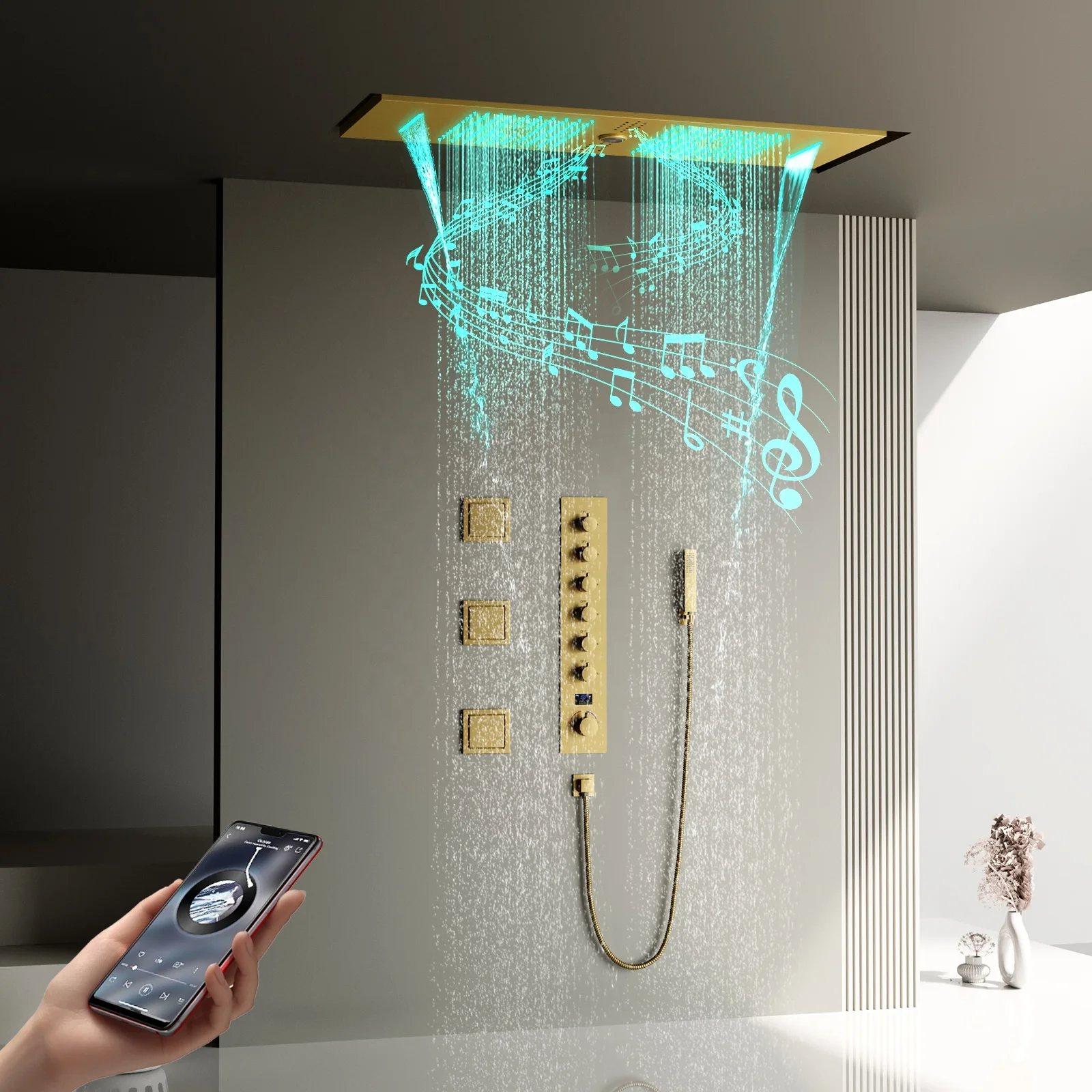 Ceiling LED Music Shower System 900*300mm Shower Head Mist Rain and Waterfall Cold and Hot Digital display Shower Faucet Set