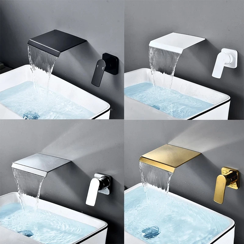 Matte Black Basin Sink Faucet Waterfall Spout Wall Mounted Separate single-handle wall-mounted concealed basin faucet Crane