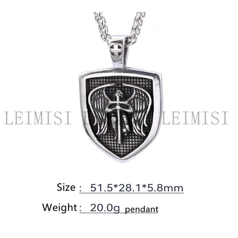 Mens Stainless Steel Religious Vintage Non Tarnish jewelry Stainless Steel Angel of Shield Wing Cross Pendant Necklace