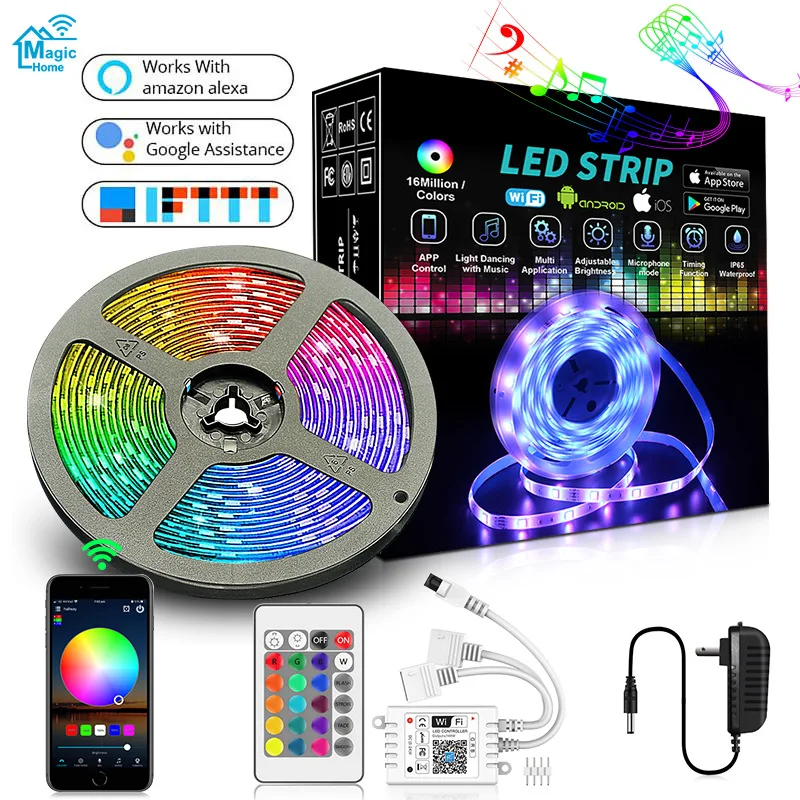 Maaadro Home Brighter 5M 10M 15M 16 Million Colors Alexa Phone App Controlled Music Lamp WiFi 5050 RGB LED Smart Strip Lights