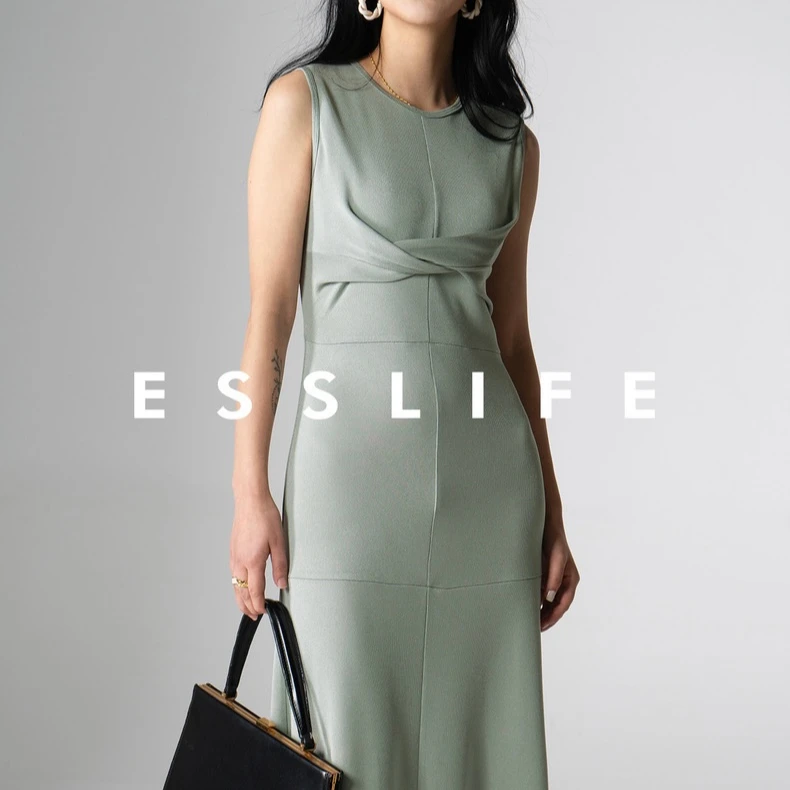 ESSLIF Designer Unique Acetate fibre Long sleeves Plain colour Tight Dress Casual long skirt