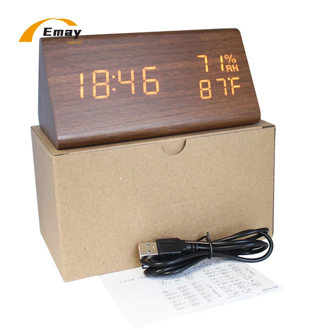 Wooden Triangle Desk Table Top  Bedroom Digital  LED Alarm Clock Sound Control Temperature Humidity Calendar Display USB Charge