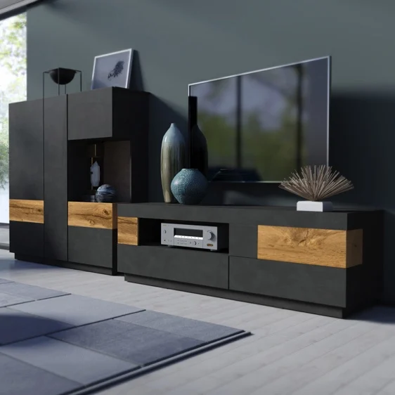 New Design 85 Inch LuxuryModern Tv Cabinet Black Table Tv Console Stand Wooden With Storage
