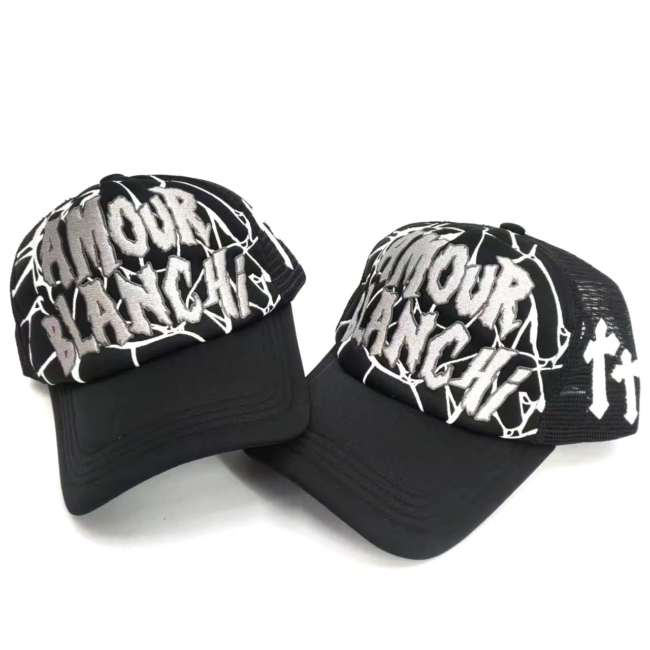 Factory custom Full Embroidery Logos Special Foam Mesh Cross embroidered trucker hat,3D embroidered Puff 5-Panel trucker hat