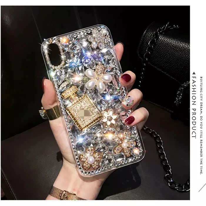 Fashion Bling Glitter Diamond Rhinestone Phone Cases For iphone 14 13 Pro Max Perfume Bottle Flower Gemstone Soft TPU Back Cover