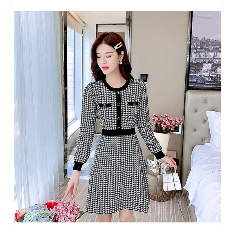 women knitted jacquard slim plaid classy dress wholesale autumn fashion short dress
